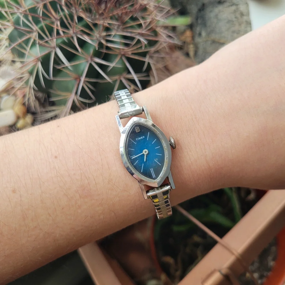 Vintage Timex Marquise Dainty Silver & Navy Blue Classic Stretch Watch
